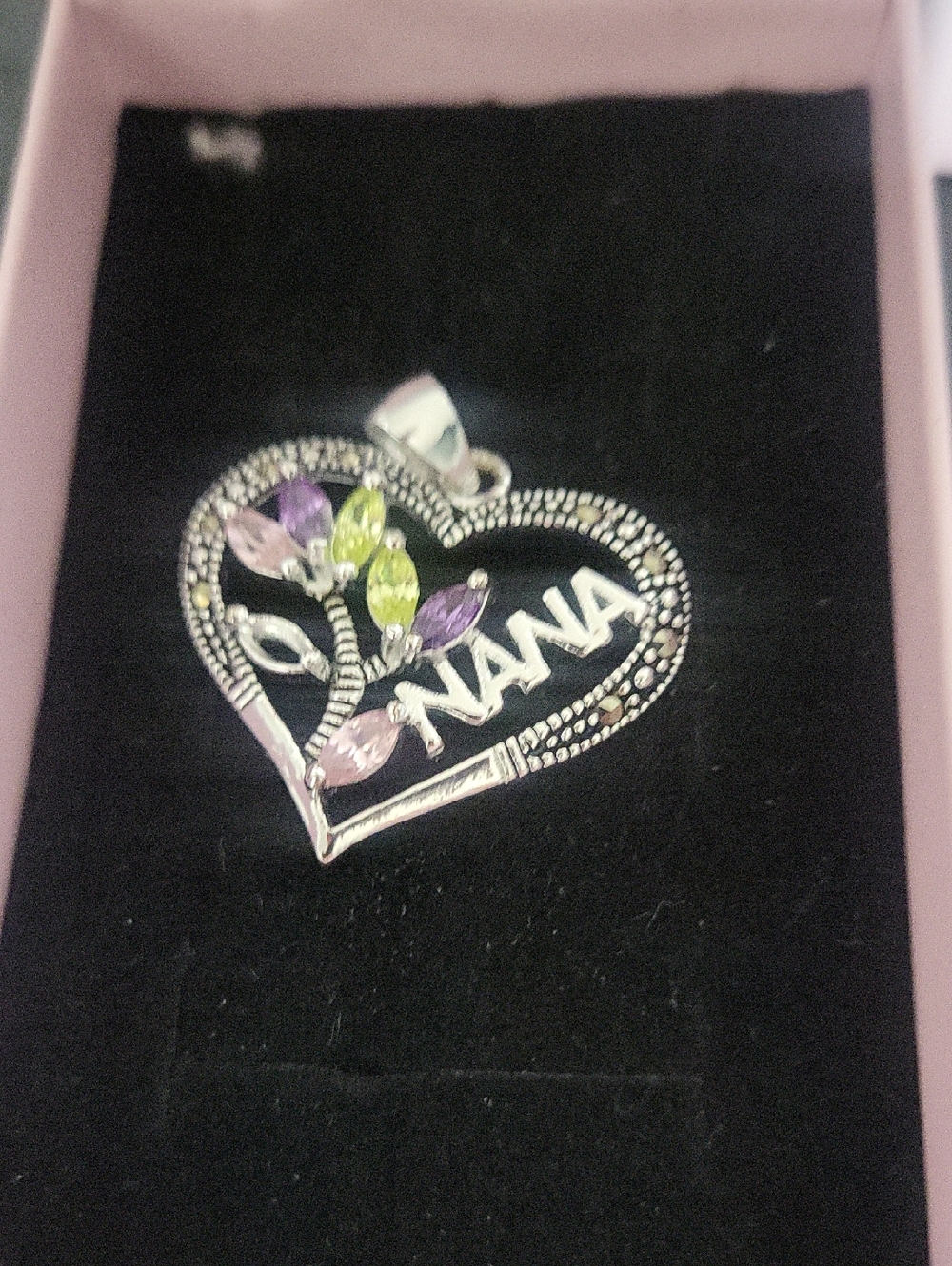 Silver Heart 'NANA' Pendant with Pink, Purple & Green Accents